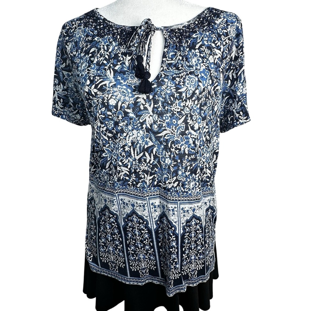 Lucky Brand Women's Bohemian Top Sz XS Short Sleeves Floral Tassle Vericose Blue